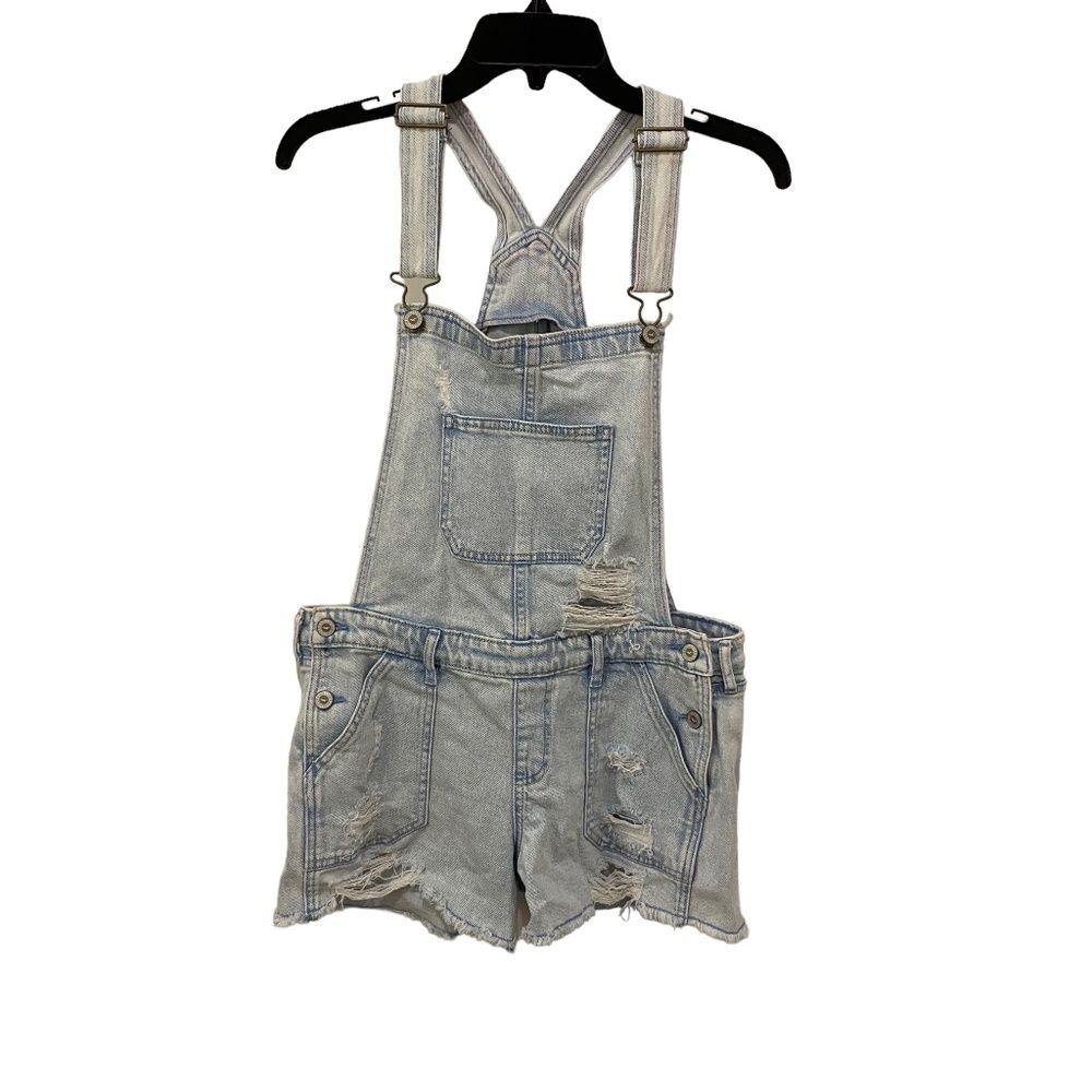 Hollister Distressed Short Overalls M Light Wash Denim Boyfriend Raw Hem Shorts